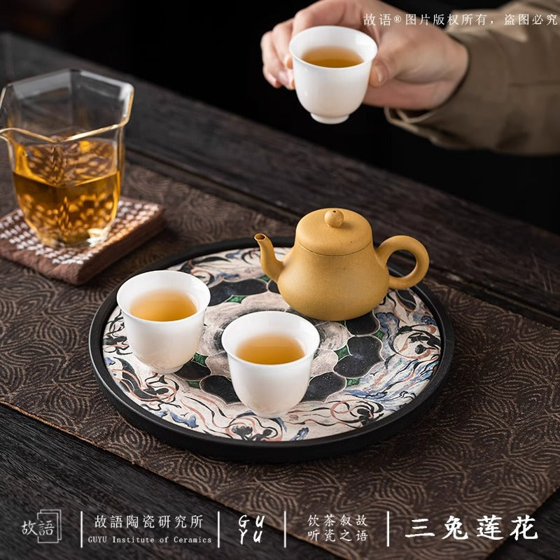 Authentic Dunhuang Caisson Three Hares Lotus Ceramic Absorbent Pot Bearer Tray - 20cm Teaware