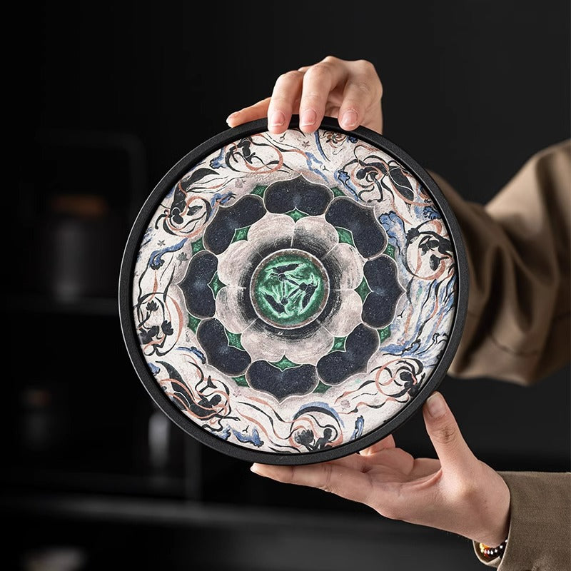 Authentic Dunhuang Caisson Three Hares Lotus Ceramic Absorbent Pot Bearer Tray - 20cm Teaware