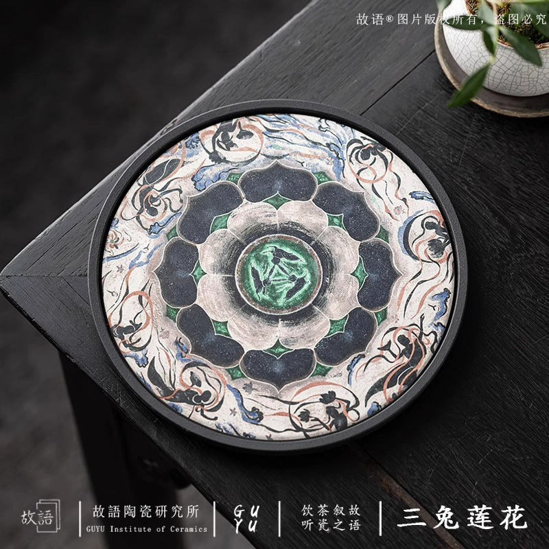 Authentic Dunhuang Caisson Three Hares Lotus Ceramic Absorbent Pot Bearer Tray - 20cm Teaware