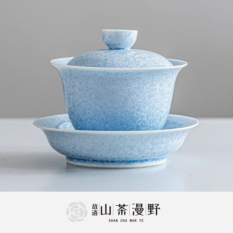 Authentic Blue Ice-Flower Crystalline Flambé Large San Cai Gaiwan - 190ml Tea Bowl
