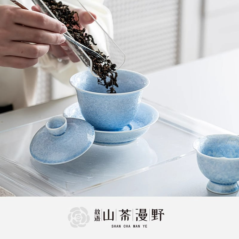 Authentic Blue Ice-Flower Crystalline Flambé Large San Cai Gaiwan - 190ml Tea Bowl