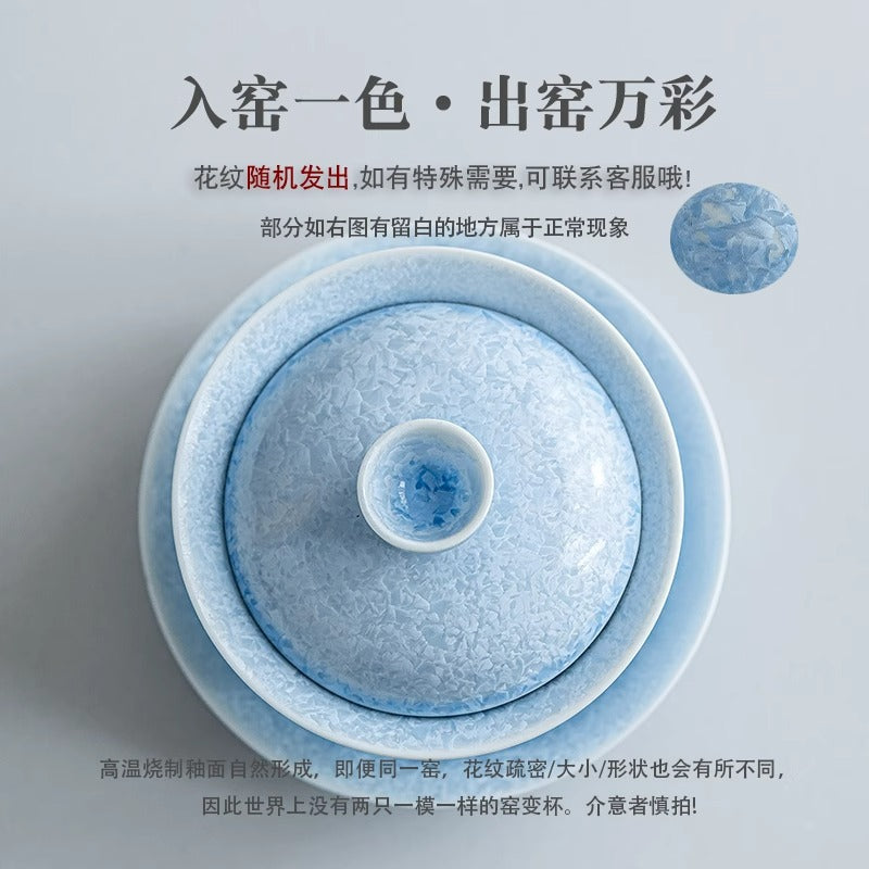 Authentic Blue Ice-Flower Crystalline Flambé Large San Cai Gaiwan - 190ml Tea Bowl
