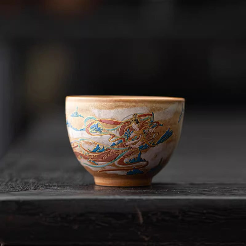 Authentic Handcrafted Dunhuang Flying Apsaras Dancer Large Master Teacup - 95ml Gongfu Cup