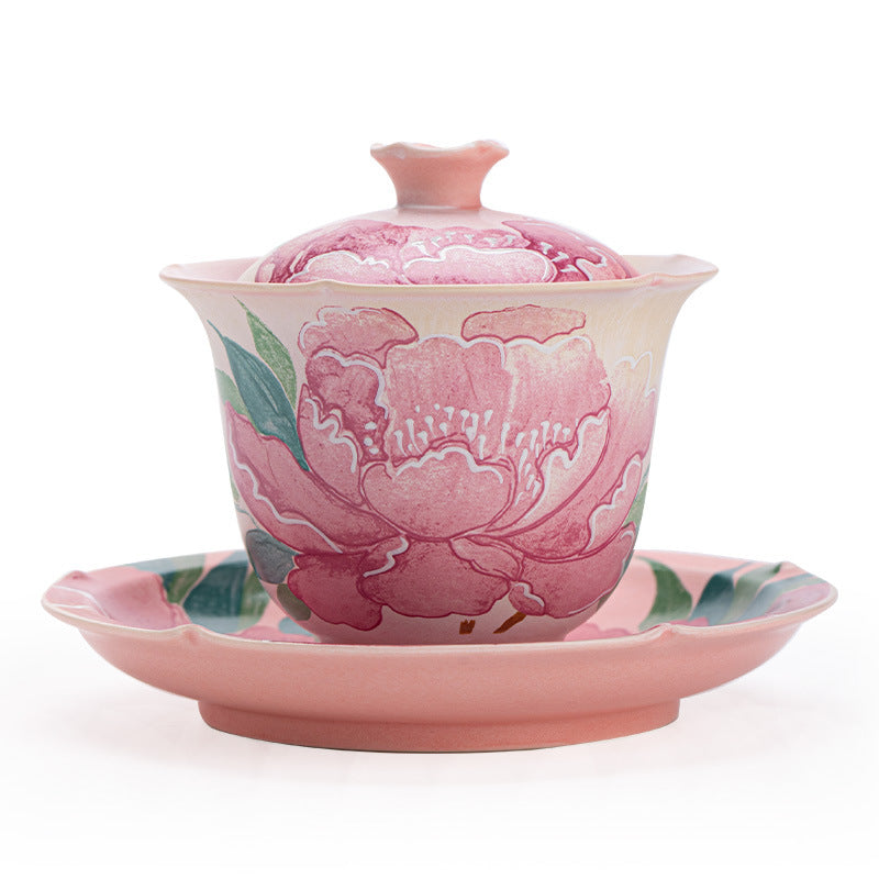 Authentic Jingdezhen Hand-Painted Peony Flower-Rim Sancai Gaiwan Tea Bowl - 160ml