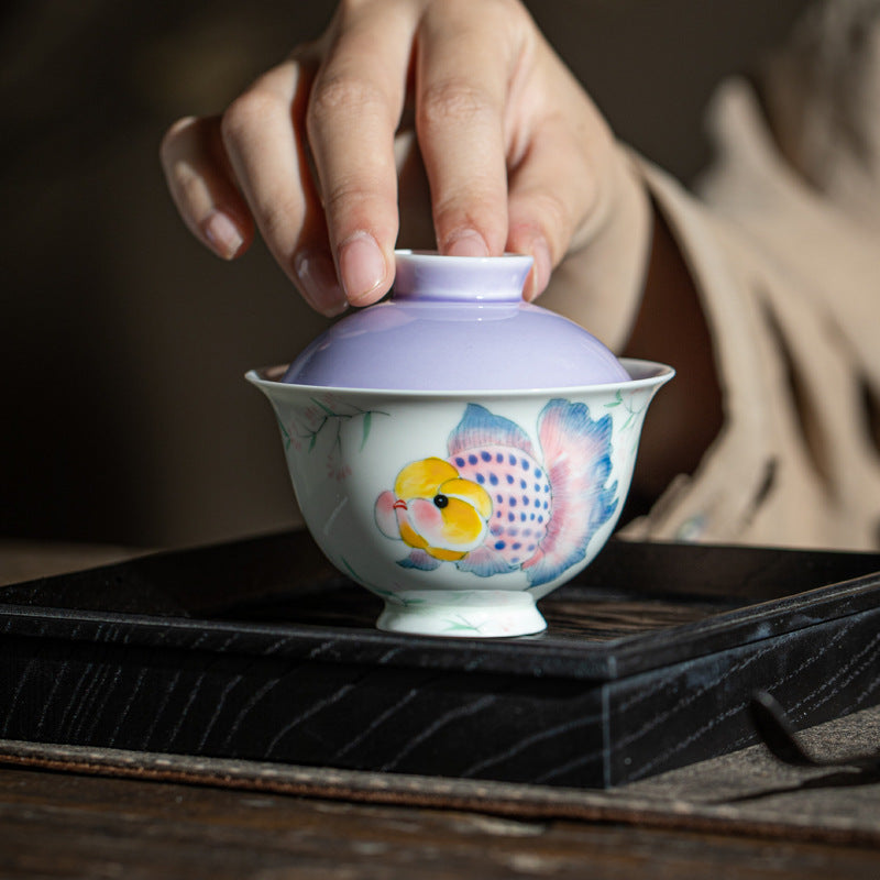 Authentic Mushroom Purple Chubby Goldfish Yuanbao San Cai Gaiwan - 165ml Anti-Scald Tea Bowl