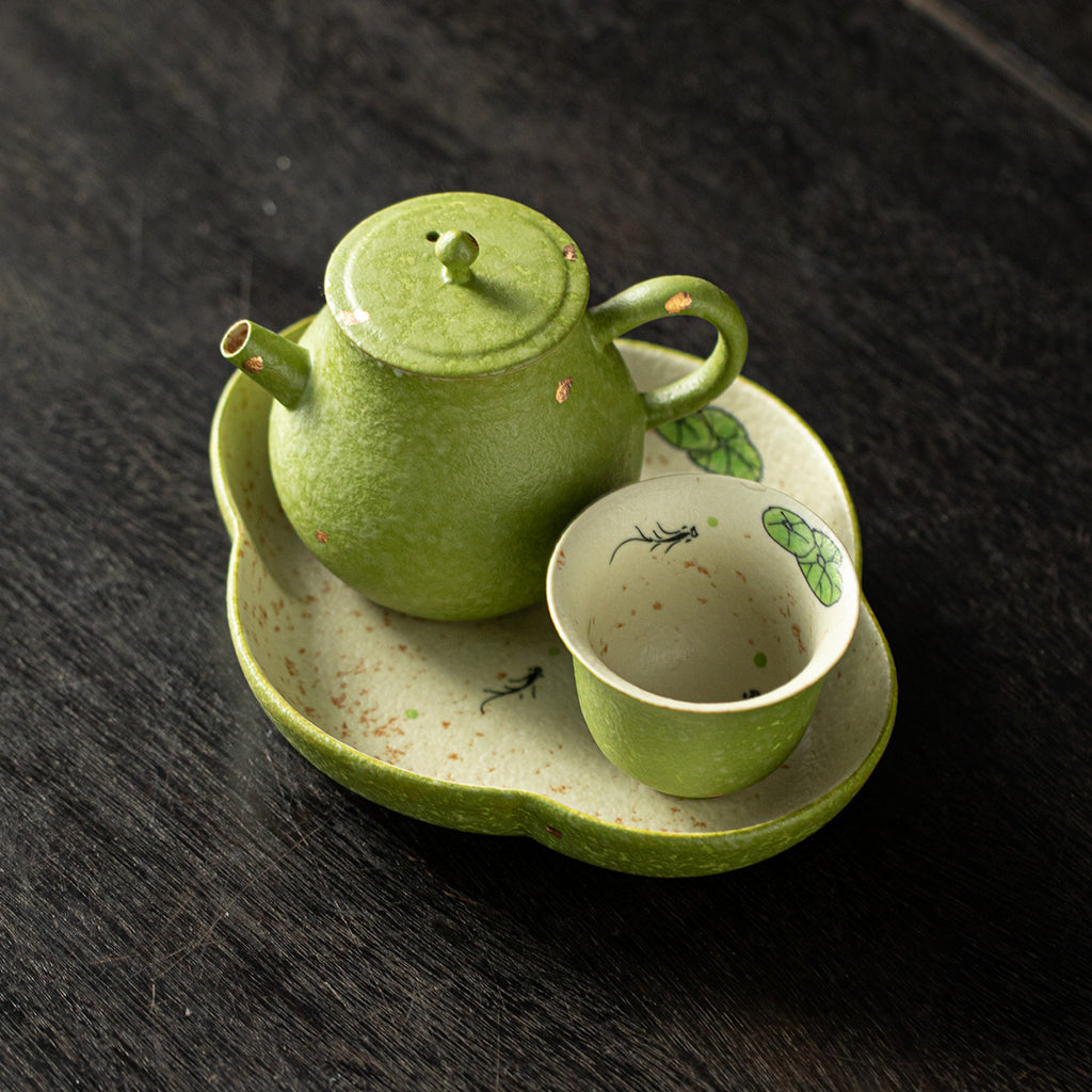 Authentic Bamboo Green Gold-Fleck Lotus Fish Solo Ceramic Tea Set with Tray - 1 Pot + 1 Cup Suite