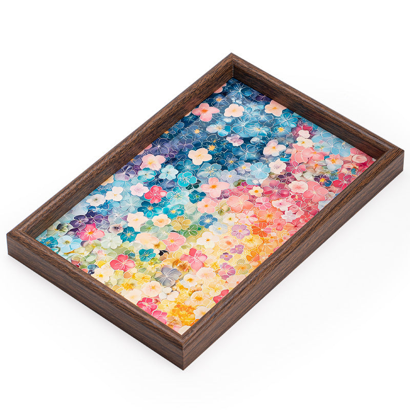 Handcrafted Oil-Painting Style Blooming Flora Square Bamboo Teaware Tray & Coaster Base