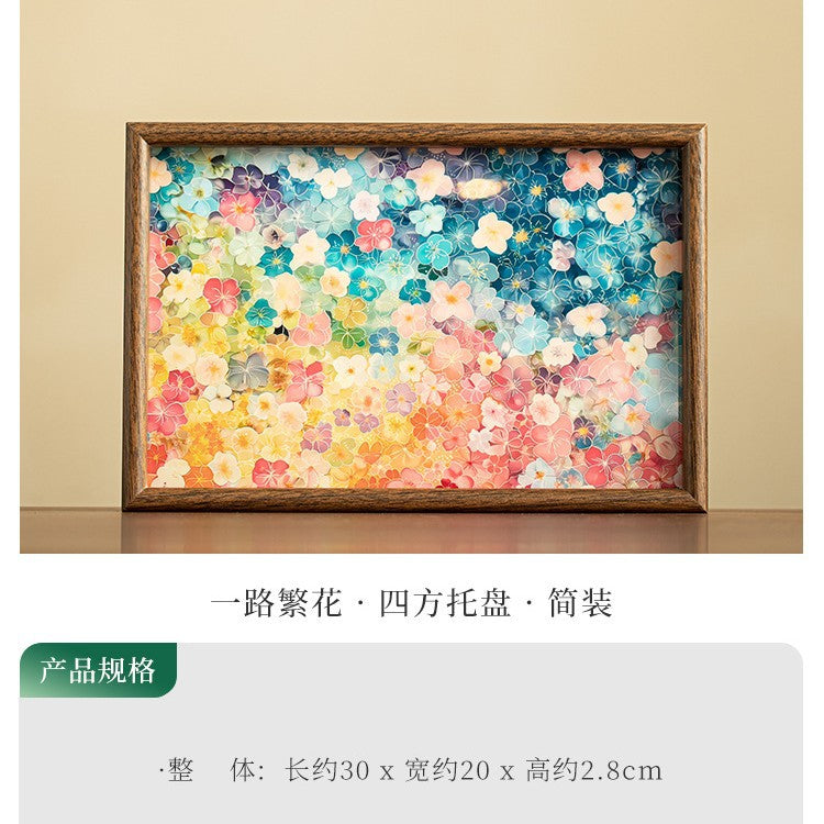 Handcrafted Oil-Painting Style Blooming Flora Square Bamboo Teaware Tray & Coaster Base