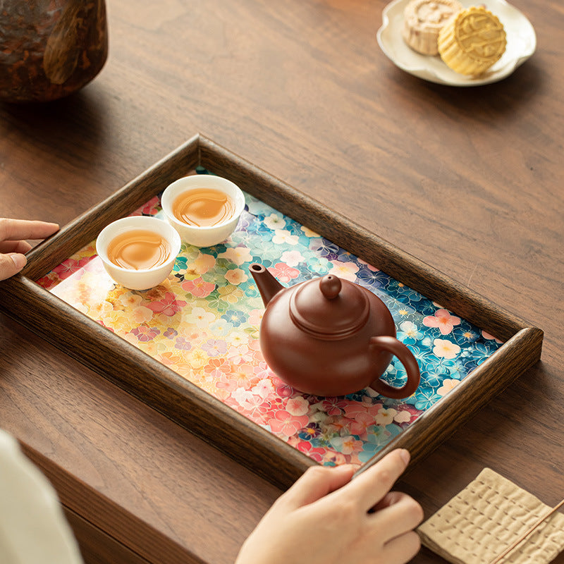 Handcrafted Oil-Painting Style Blooming Flora Square Bamboo Teaware Tray & Coaster Base