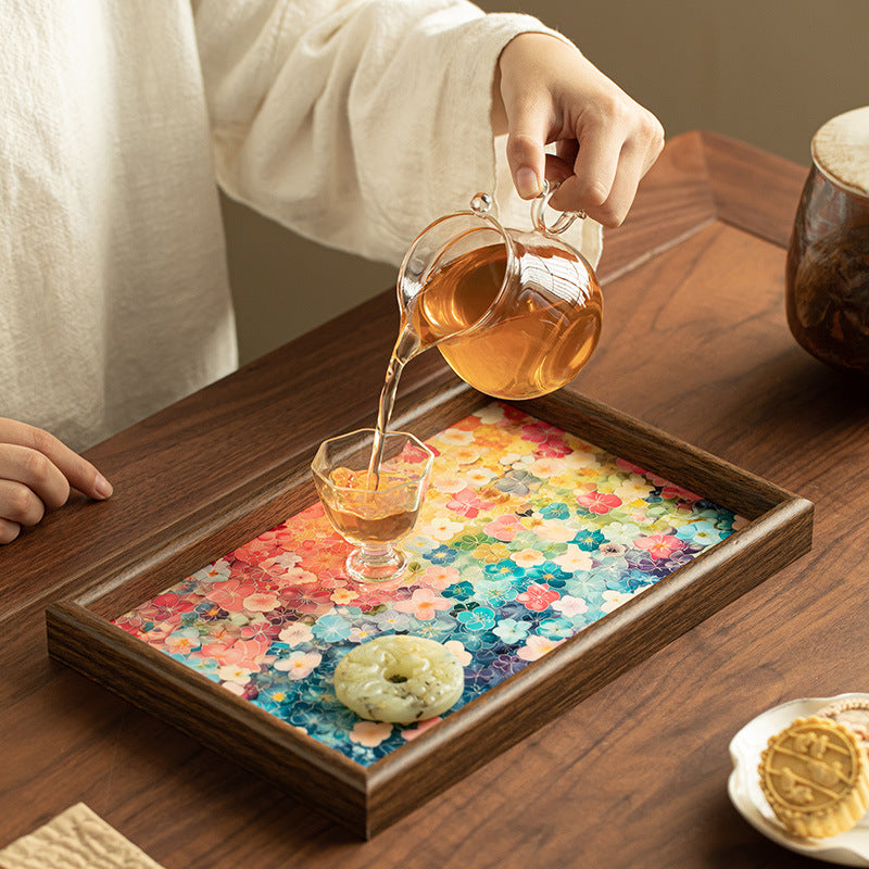 Handcrafted Oil-Painting Style Blooming Flora Square Bamboo Teaware Tray & Coaster Base