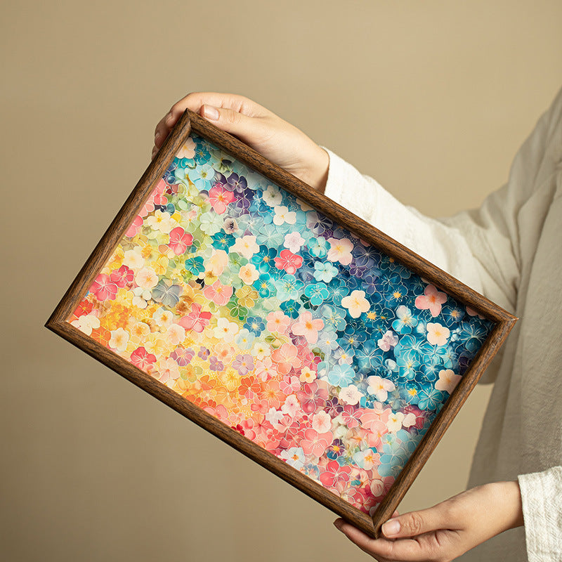 Handcrafted Oil-Painting Style Blooming Flora Square Bamboo Teaware Tray & Coaster Base
