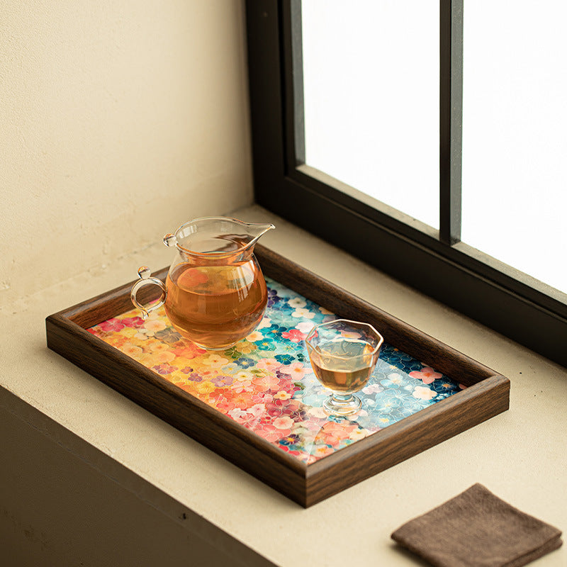 Handcrafted Oil-Painting Style Blooming Flora Square Bamboo Teaware Tray & Coaster Base