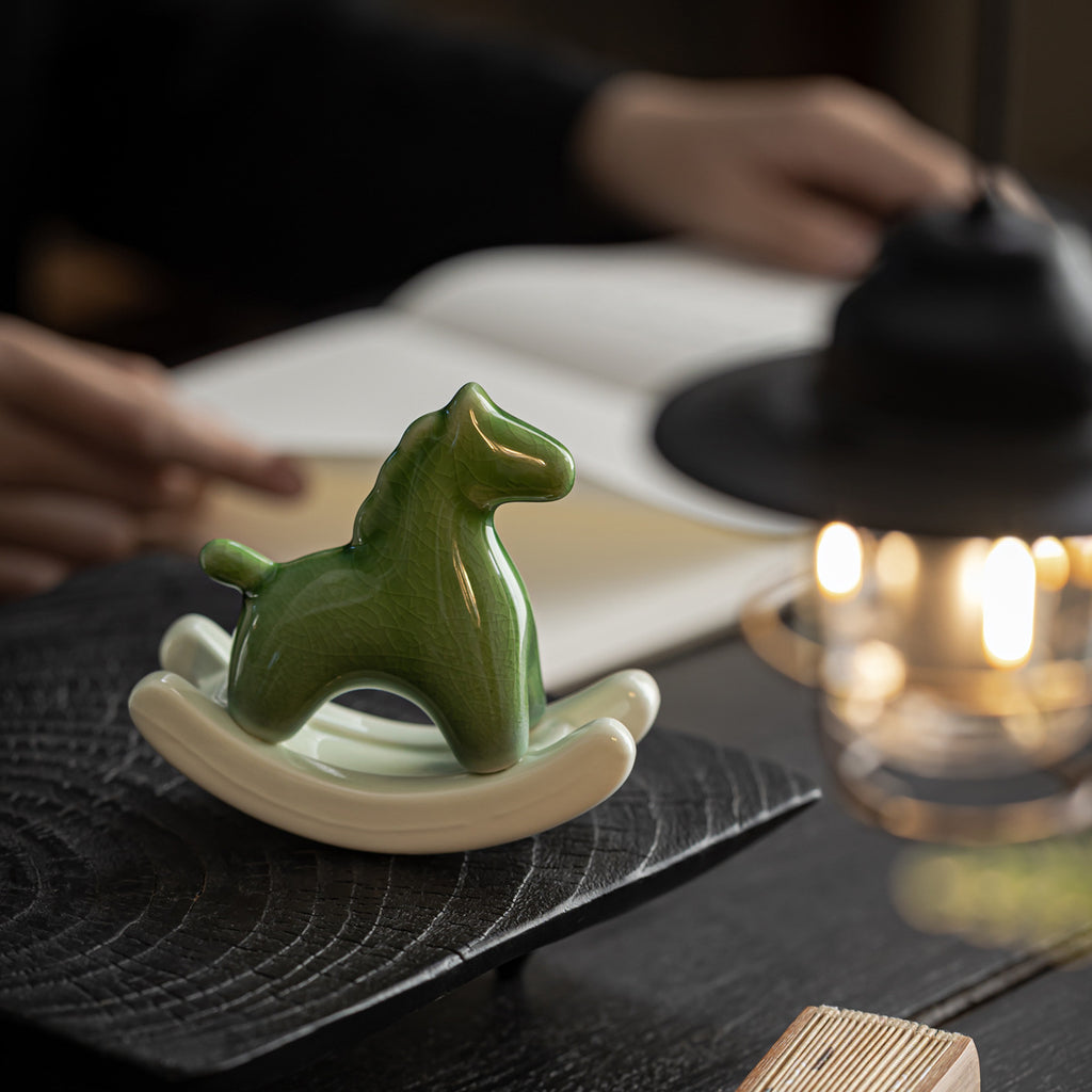 Authentic Emerald Green Crackle Rocking Horse Ceramic Tea Pet - Desk & Car Ornament