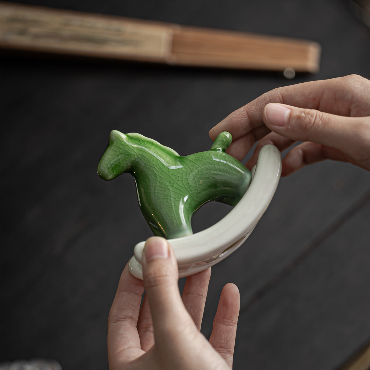 Authentic Emerald Green Crackle Rocking Horse Ceramic Tea Pet - Desk & Car Ornament
