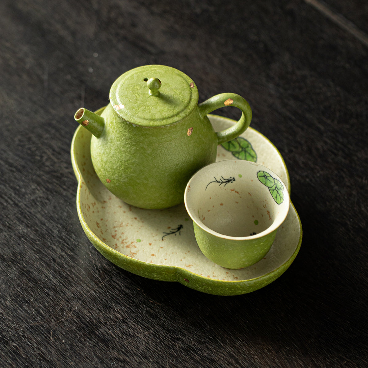 Authentic Bamboo Green Gold-Fleck Lotus Fish Solo Ceramic Tea Set with Tray - 1 Pot + 1 Cup Suite