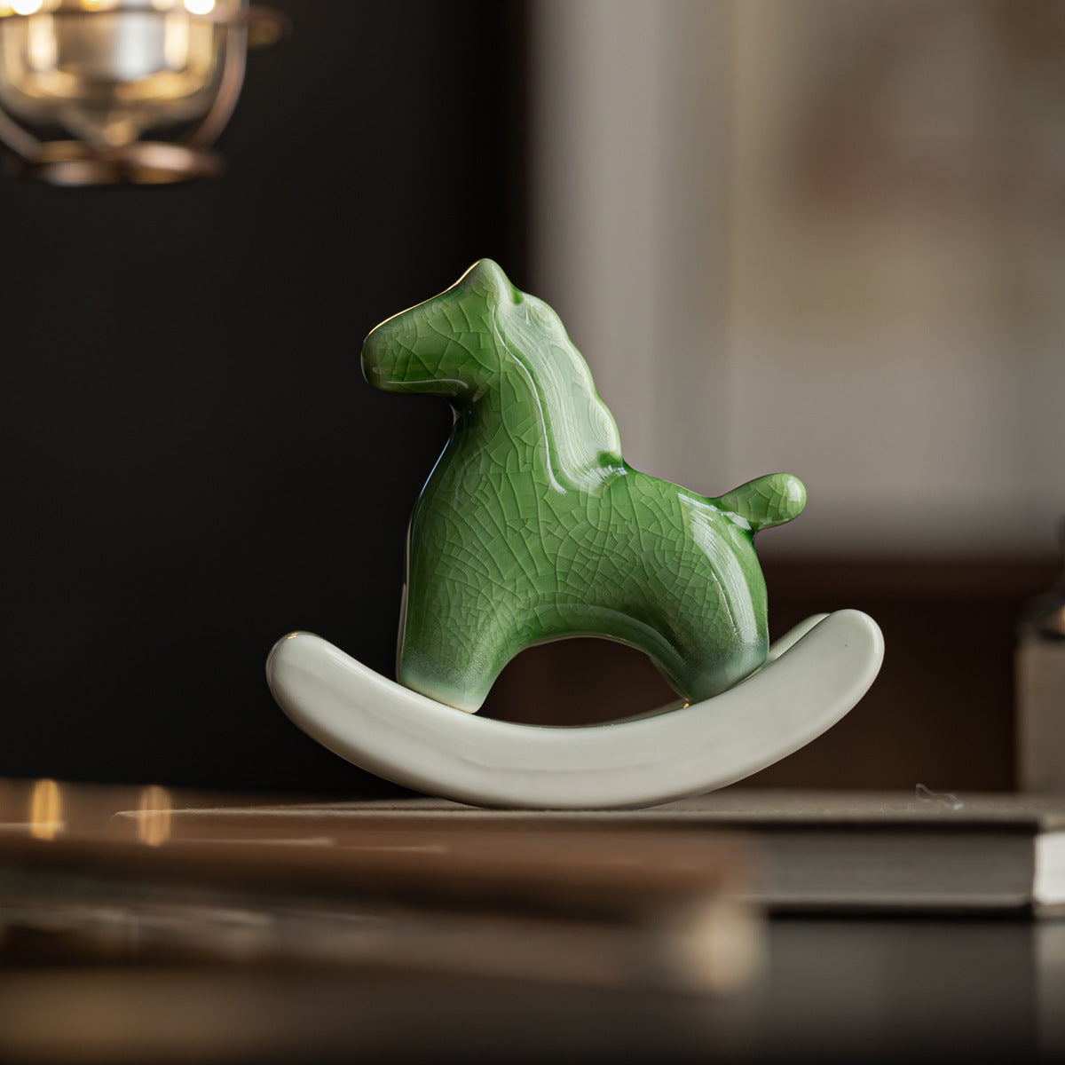 Authentic Emerald Green Crackle Rocking Horse Ceramic Tea Pet - Desk & Car Ornament