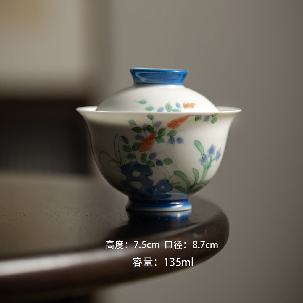 Authentic Lustrous White Hand-Painted Heavenly Bamboo San Cai Gaiwan - 160ml Tea Bowl