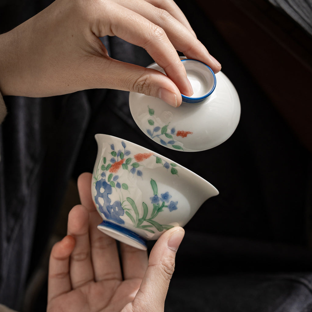 Authentic Lustrous White Hand-Painted Heavenly Bamboo San Cai Gaiwan - 160ml Tea Bowl