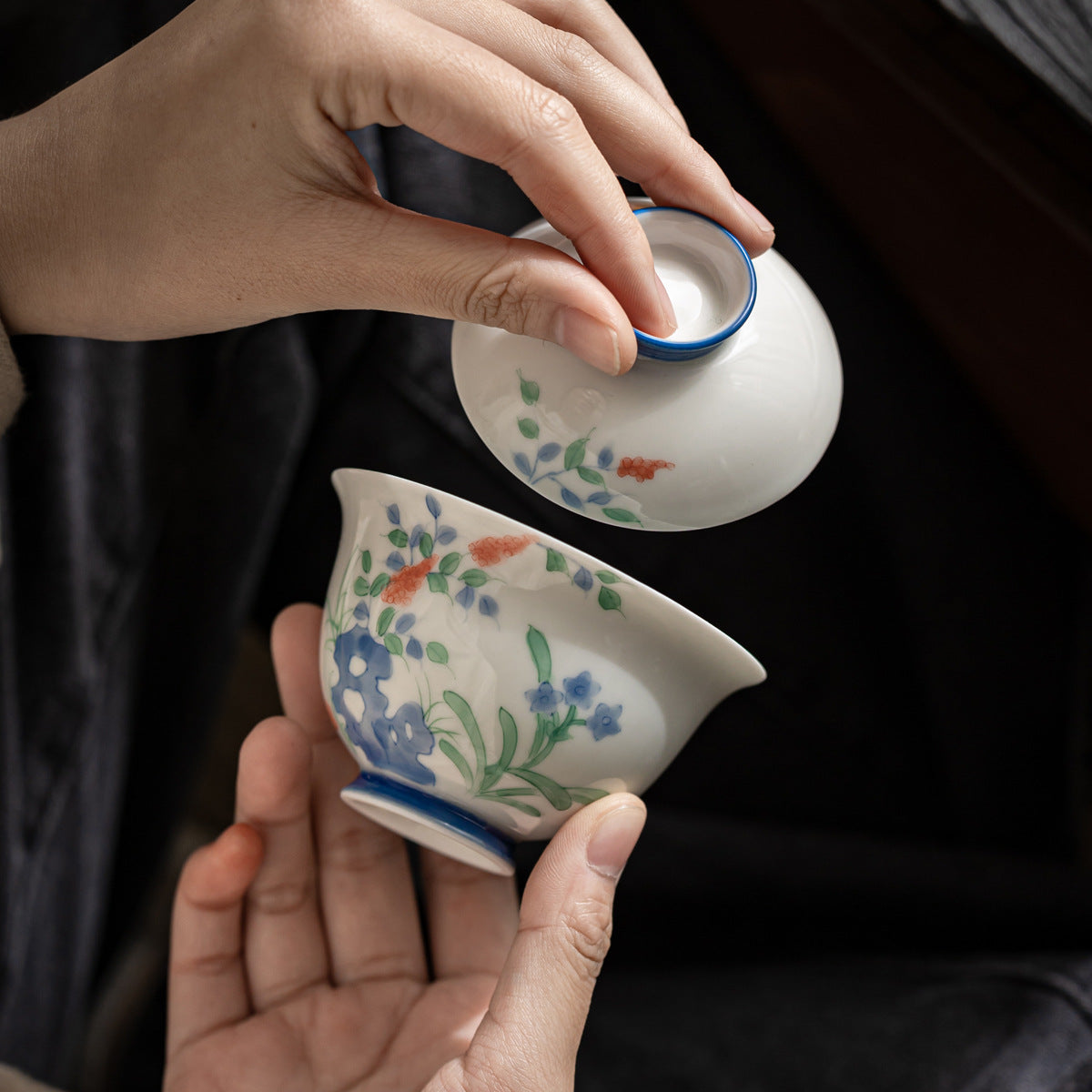 Authentic Lustrous White Hand-Painted Heavenly Bamboo San Cai Gaiwan - 160ml Tea Bowl