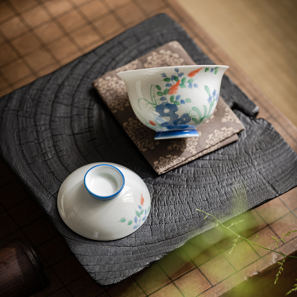 Authentic Lustrous White Hand-Painted Heavenly Bamboo San Cai Gaiwan - 160ml Tea Bowl
