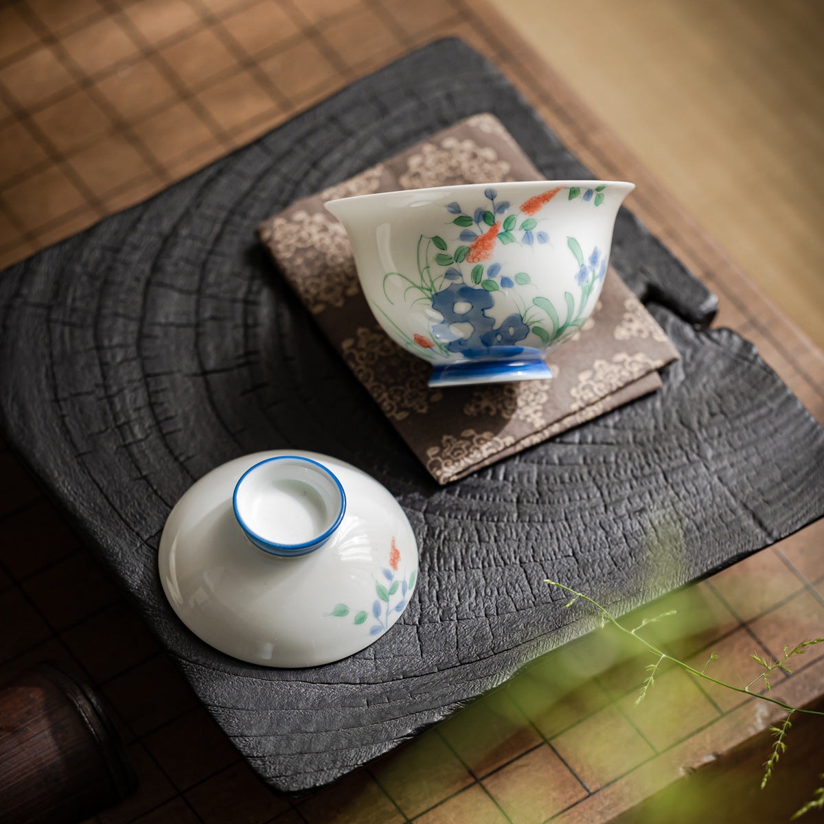Authentic Lustrous White Hand-Painted Heavenly Bamboo San Cai Gaiwan - 160ml Tea Bowl