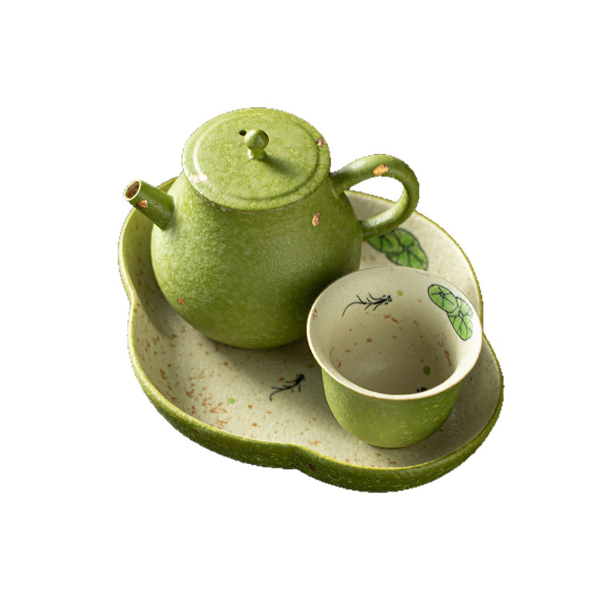 Authentic Bamboo Green Gold-Fleck Lotus Fish Solo Ceramic Tea Set with Tray - 1 Pot + 1 Cup Suite