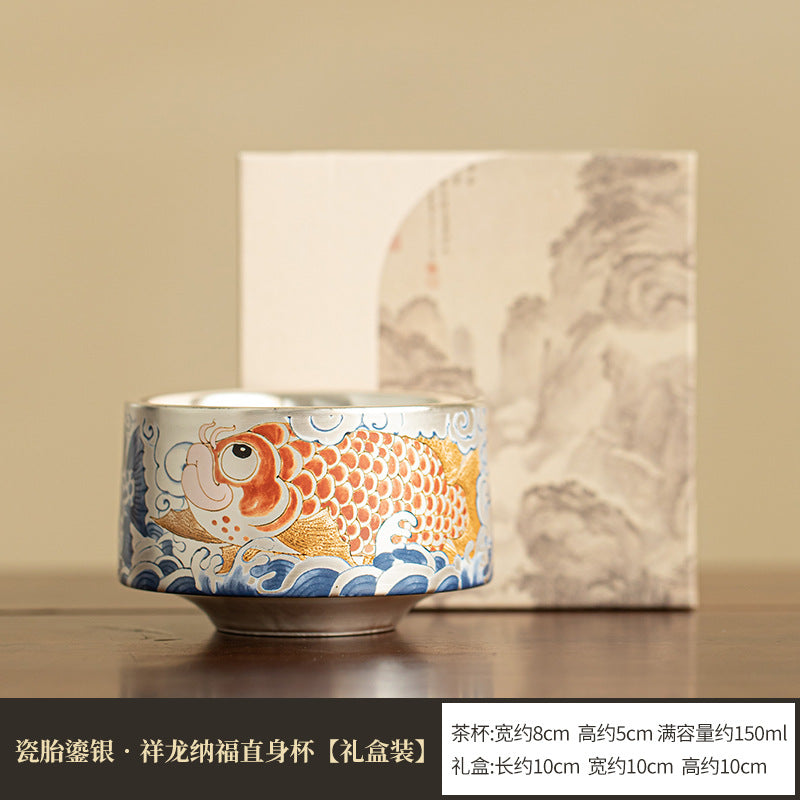 Authentic Jingdezhen Pure Ag999 Silver-Lined Imperial Dragon Year Master Teacup - 90ml Gongfu Teacup