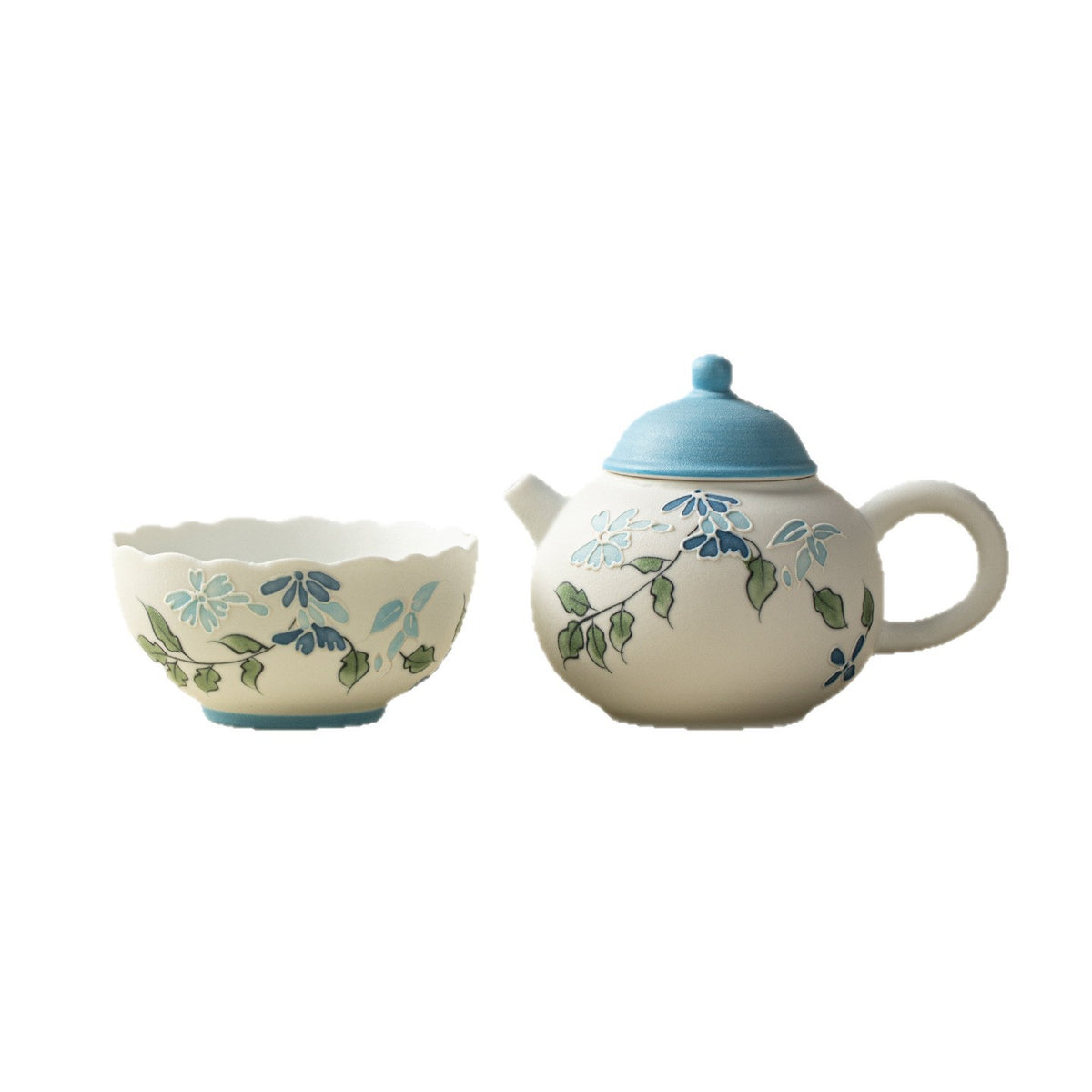 Authentic Blue Sprout Solo Ceramic Teapot & Cup Travel Set - Minimalist 1-Pot + 1-Cup Suite