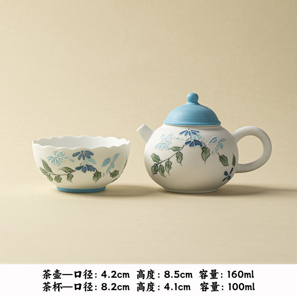 Authentic Blue Sprout Solo Ceramic Teapot & Cup Travel Set - Minimalist 1-Pot + 1-Cup Suite