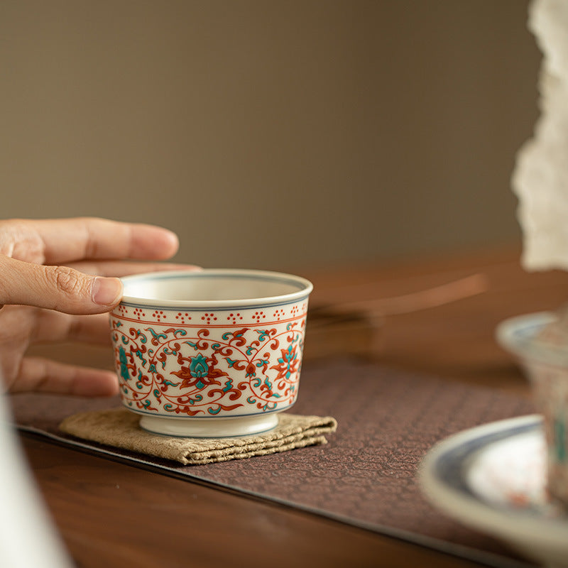 Authentic Jingdezhen Hand-Painted Red & Green Polychrome Interlocking Lotus Master Teacup - 80ml Gongfu Teacup