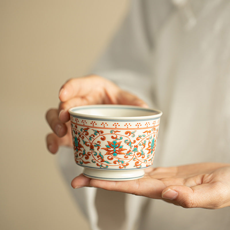 Authentic Jingdezhen Hand-Painted Red & Green Polychrome Interlocking Lotus Master Teacup - 80ml Gongfu Teacup