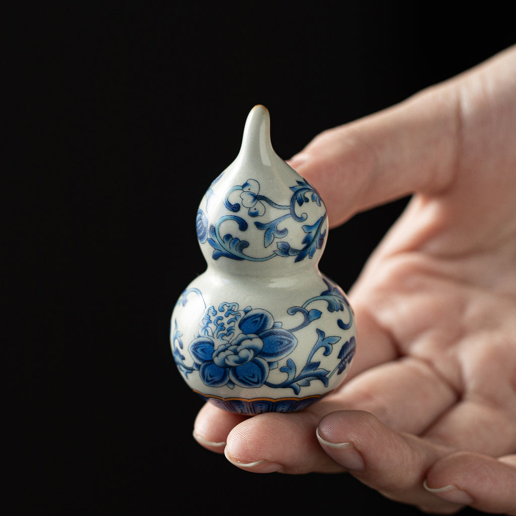 Authentic Ru Ware Celadon Blue & White Intertwined Lotus Mini Gourd Tea Pet - Desk Ornament