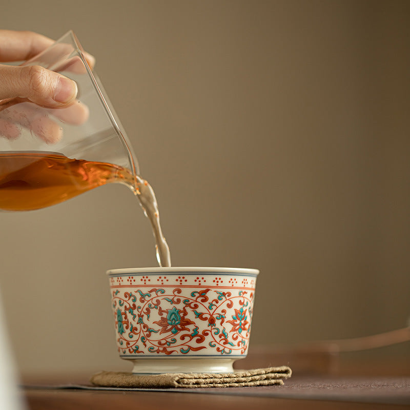 Authentic Jingdezhen Hand-Painted Red & Green Polychrome Interlocking Lotus Master Teacup - 80ml Gongfu Teacup
