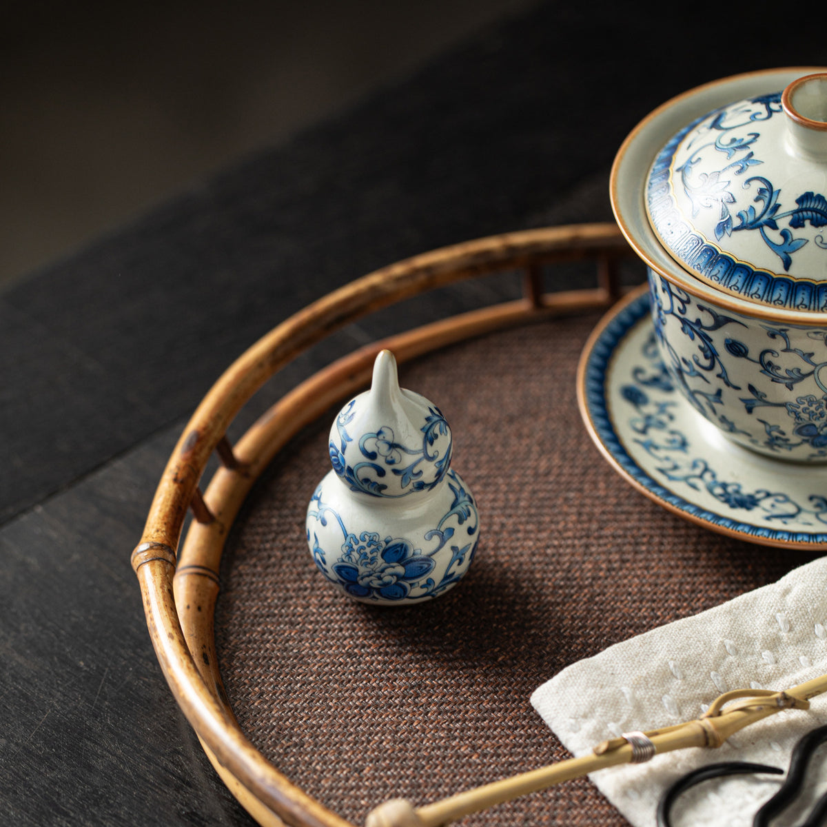 Authentic Ru Ware Celadon Blue & White Intertwined Lotus Mini Gourd Tea Pet - Desk Ornament