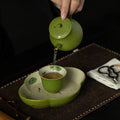 Authentic Bamboo Green Gold-Fleck Lotus Fish Solo Ceramic Tea Set with Tray - 1 Pot + 1 Cup Suite