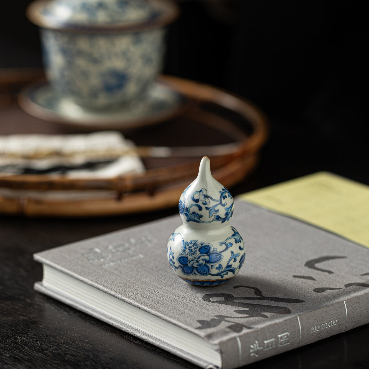 Authentic Ru Ware Celadon Blue & White Intertwined Lotus Mini Gourd Tea Pet - Desk Ornament