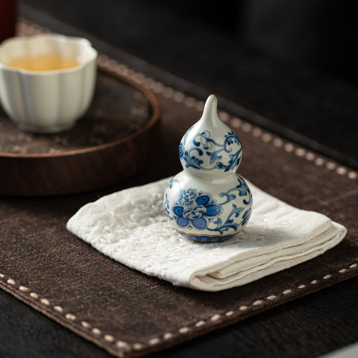 Authentic Ru Ware Celadon Blue & White Intertwined Lotus Mini Gourd Tea Pet - Desk Ornament