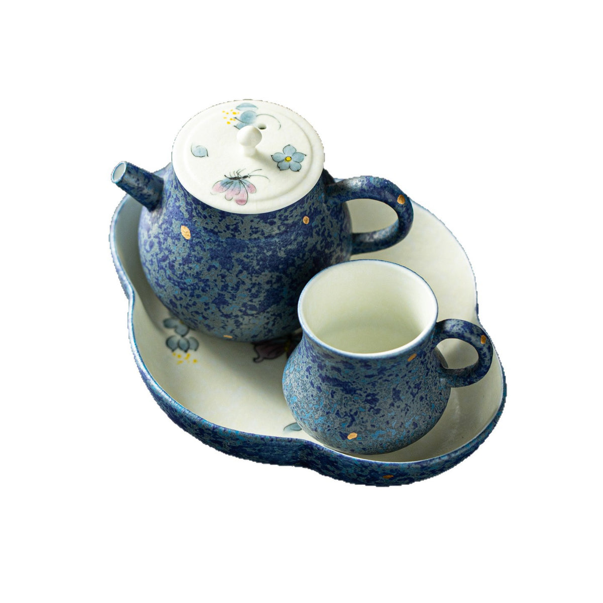 Authentic Tibetan Blue Gold-Splash Butterfly Solo Ceramic Tea Set with Tray - 1 Pot + 1 Cup Suite