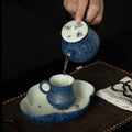 Authentic Tibetan Blue Gold-Splash Butterfly Solo Ceramic Tea Set with Tray - 1 Pot + 1 Cup Suite