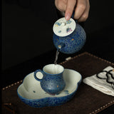 Authentic Tibetan Blue Gold-Splash Butterfly Solo Ceramic Tea Set with Tray - 1 Pot + 1 Cup Suite