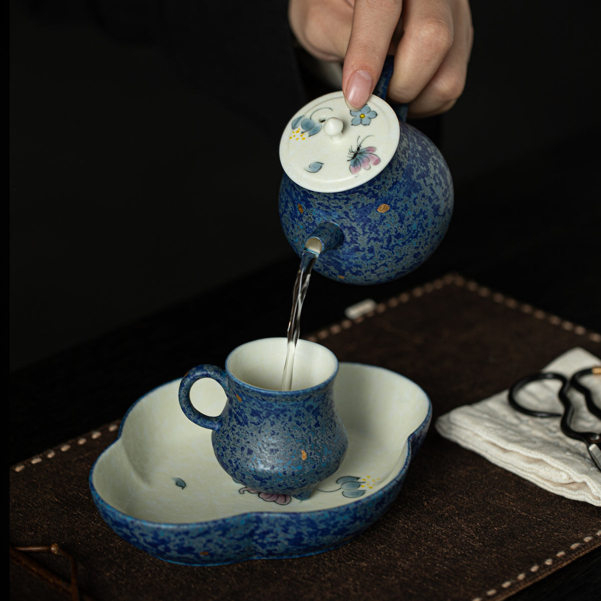 Authentic Tibetan Blue Gold-Splash Butterfly Solo Ceramic Tea Set with Tray - 1 Pot + 1 Cup Suite