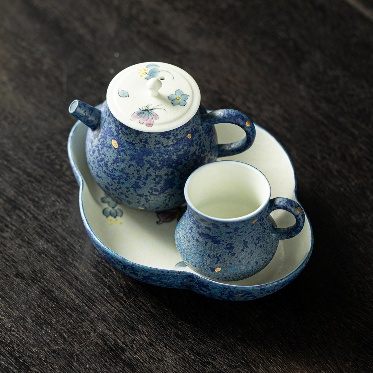 Authentic Tibetan Blue Gold-Splash Butterfly Solo Ceramic Tea Set with Tray - 1 Pot + 1 Cup Suite