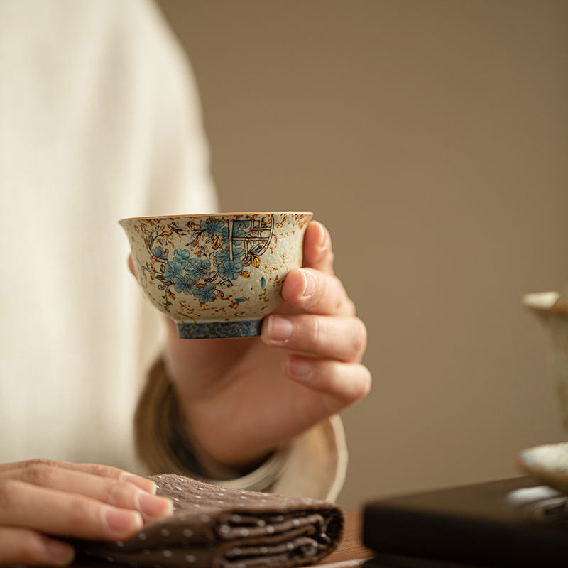 Authentic Jingdezhen Coarse Stoneware Blue & White Window-Medallion Master Teacup - 85ml Gongfu Teacup
