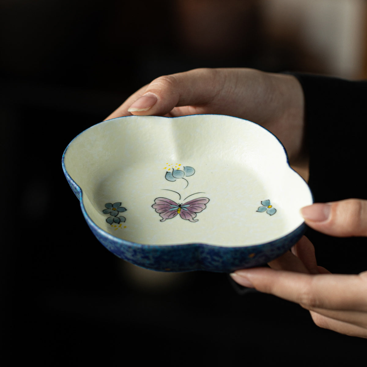 Authentic Tibetan Blue Gold-Splash Butterfly Solo Ceramic Tea Set with Tray - 1 Pot + 1 Cup Suite