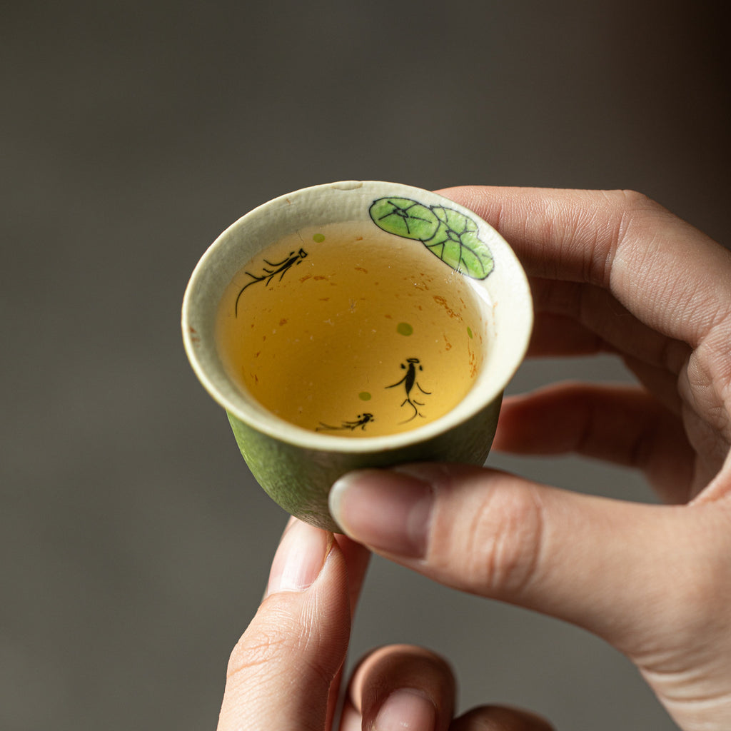 Authentic Bamboo Green Gold-Fleck Lotus Fish Solo Ceramic Tea Set with Tray - 1 Pot + 1 Cup Suite