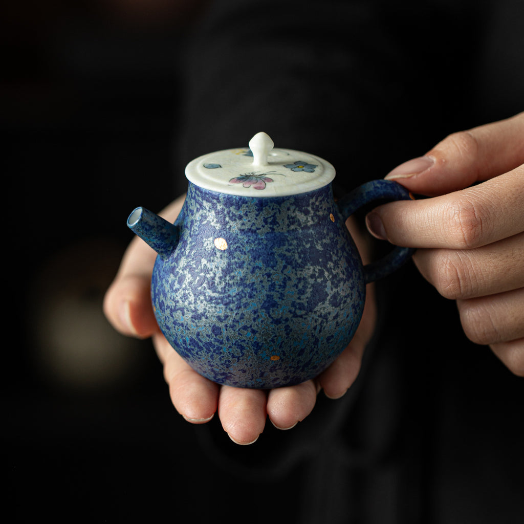 Authentic Tibetan Blue Gold-Splash Butterfly Solo Ceramic Tea Set with Tray - 1 Pot + 1 Cup Suite