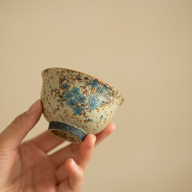 Authentic Jingdezhen Coarse Stoneware Blue & White Window-Medallion Master Teacup - 85ml Gongfu Teacup