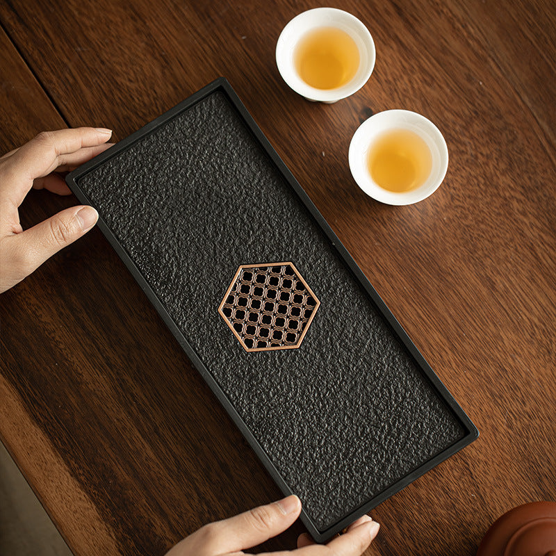 Neo-Chinese Faux Wujin Black Stone Dual Water Storage & Drainage Dry-Brewing Teaware Tray