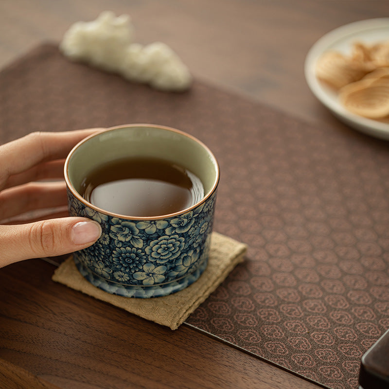 Authentic Old Pottery Clay Blue & White Myriad Flowers Crackle Glaze Master Teacup - 110ml Gongfu Teacup