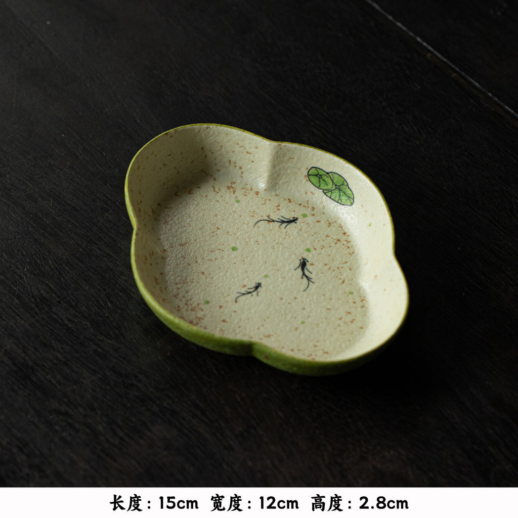 Authentic Bamboo Green Gold-Fleck Lotus Fish Solo Ceramic Tea Set with Tray - 1 Pot + 1 Cup Suite